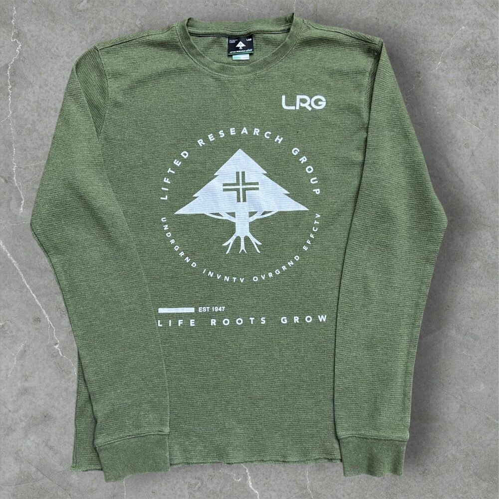 LRG Vintage Y2K Olive Green Waffle Knit Cotton Blend L/S Shirt Men's Size Large